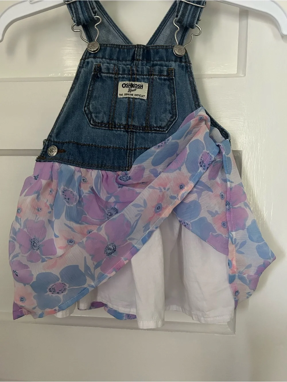 OshKosh B'gosh Denim Overall Dress Pastel Blue, Pink, Purple Floral Skirt 12-18M